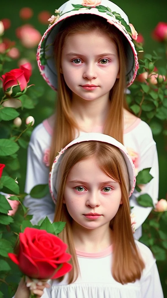 A little girl from Russia at the age of 7 years holds a lot of roses and puts them on her face, and she wears a white Bucket Hat, she puts the roses in front of her face, so her face does not appear, so her face does not appear,(Many Flowers: 1.2), Soft Light, Golden Hour, Upper Body, HDR, 8k, Natural Skin Texture, AO, Intricate, Highly Detailed, Sharp Focus, Crazy Detail, Intricate Detail, Highly Detailed ,The girl looked down