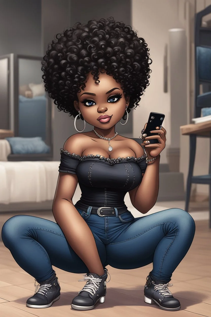 Create a furturism magna art of a black chibi curvy female sitting on the floor looking at her cell phone. She is wearing tight blue jeans and a black off the shoulder blouse. Prominent make up with lush lashes. Highly detailed tight curly afro. She is also wearing silver large hoop earringsart of a black chibi curvy female sitting on the floor looking at her cell phone. She is wearing tight blue jeans and a black off the shoulder blouse. Prominent make up with lush lashes.