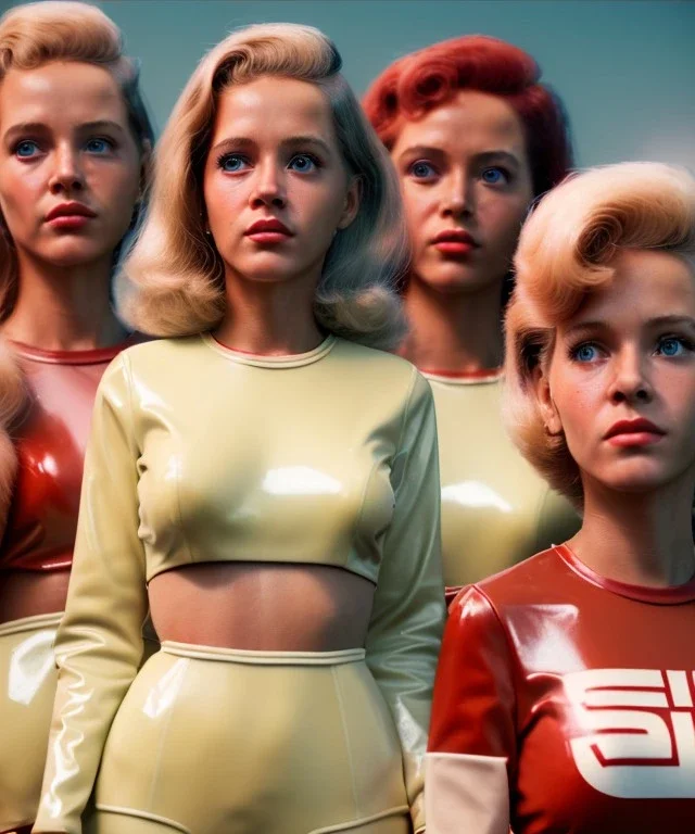 Ultra Realistic retro sci-fi movie Supermarket scene, 1960 year, waist up view portrait, 3 clones blonde women, sweet young Jane Fonda face, perfect iris, glow eyes, face makeup, tight latex coat. Supermarket place with people background, Retro sci-fi style, soft color, highly detailed, unreal engine 5, ray tracing, RTX, lumen lighting, ultra detail, volumetric lighting, 3d, finely drawn, high definition, high resolution.