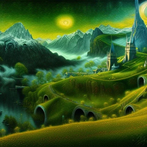 Epic Drawing of scenery of The LOTR estilo Van Gogh 4k