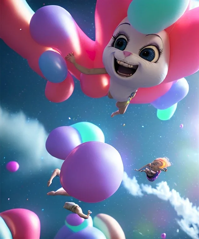 Ultra realistic speed clouds sky scene, wide angle view, sweet women falling down, inflatable color clothing, free jumping flying, many trinkets, hair monster, many jelly beans, balls, color smoke, smile, happy, circus style, extreme, wind, clouds sea, 20,000 feet altitude, stratosphere, soft color, highly detailed, unreal engine 5, ray tracing, RTX, lumen lighting, ultra detail, volumetric lighting, 3d, finely drawn, high definition, high resolution.