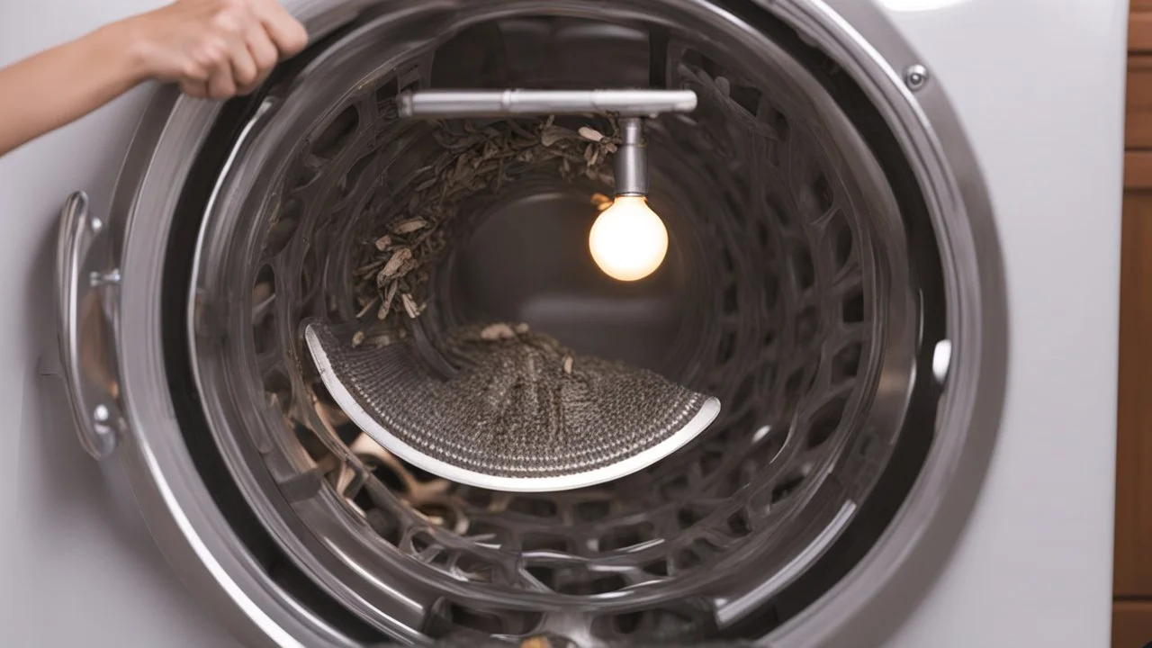 very confused young woman puts a fewmetal spoons inside the household dryer