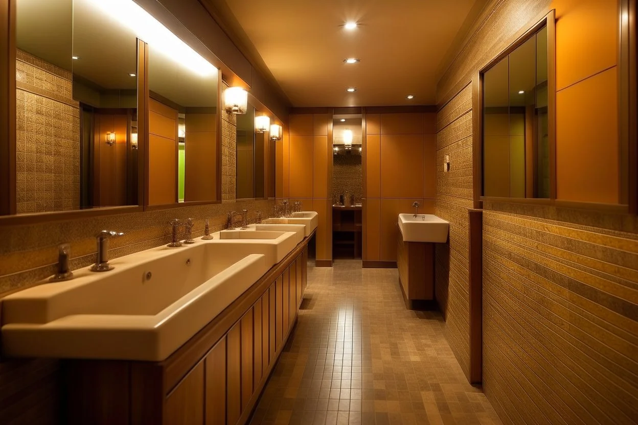 Pictures of a group of bathrooms in Mathaf Restaurant. The walls and floors are in brown tones, and the sinks are on one wall.