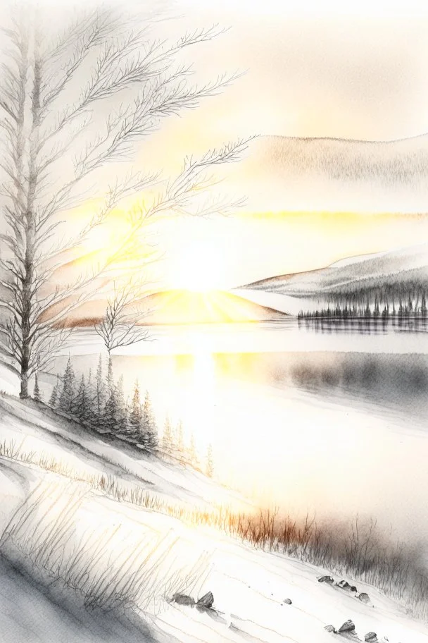 Rolling hills, lake, winter, snow, sunrise Modifiers: smooth intricate high definition beautiful lighting pencil sketch watercolor polished warm light watercolor and ink LNF