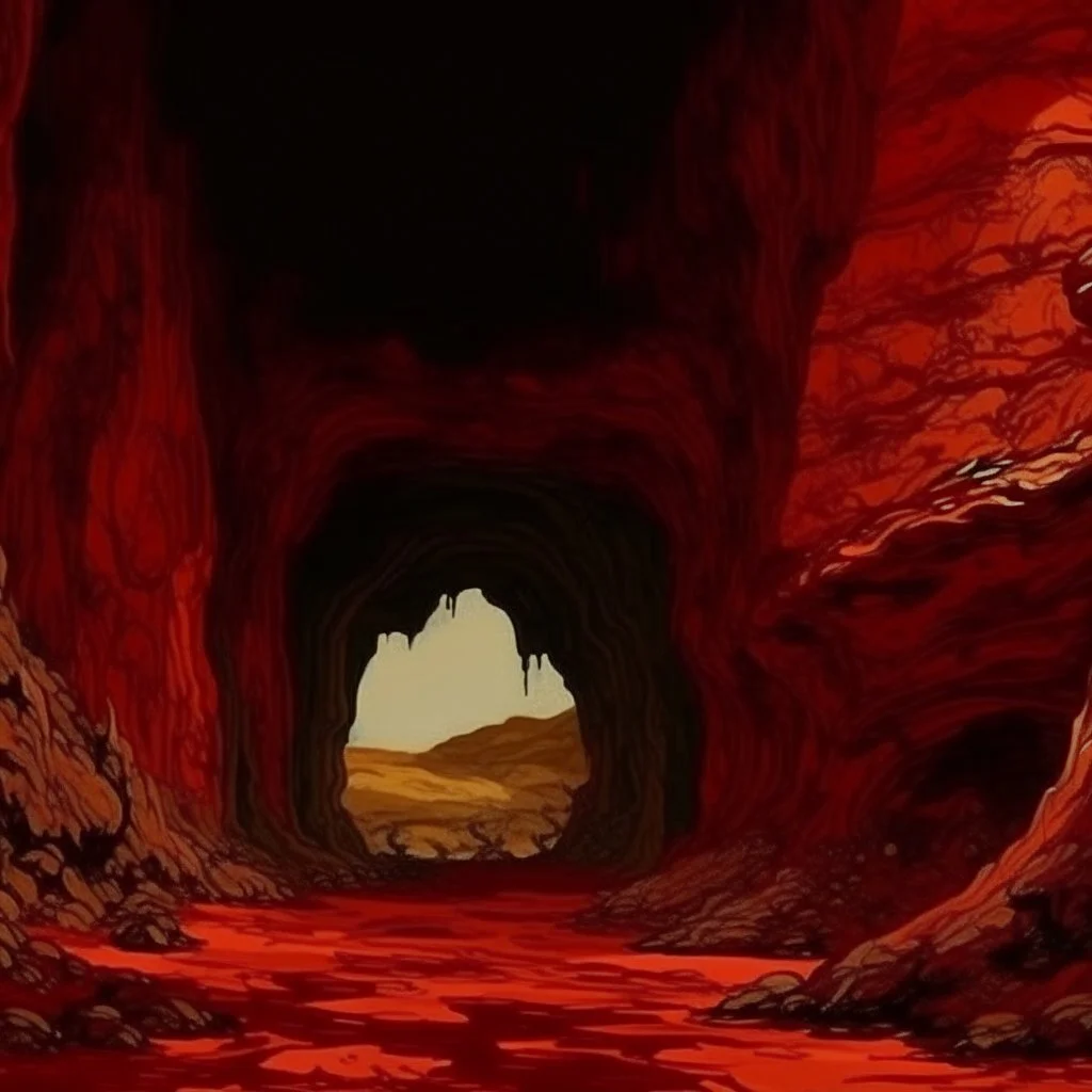 A dark red cavern near a Karoo designed in African pottery painted by Vincent van Gogh