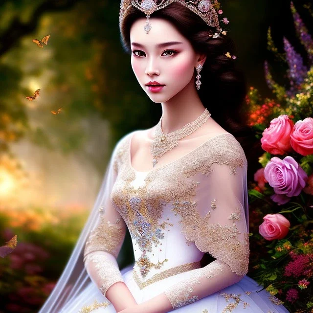 A beautiful veiled princess , beautiful portrait, flowery landscape