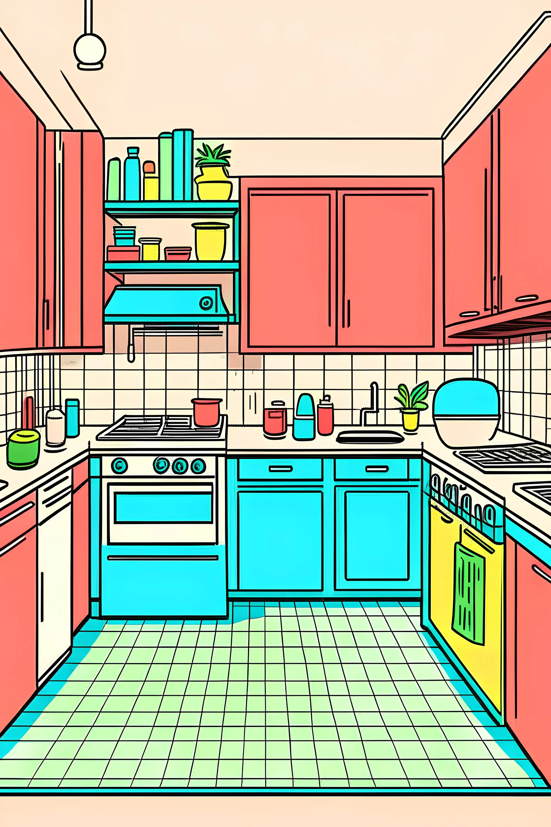 A cartoon drawing of a kitchen in the form of a straight, colored line