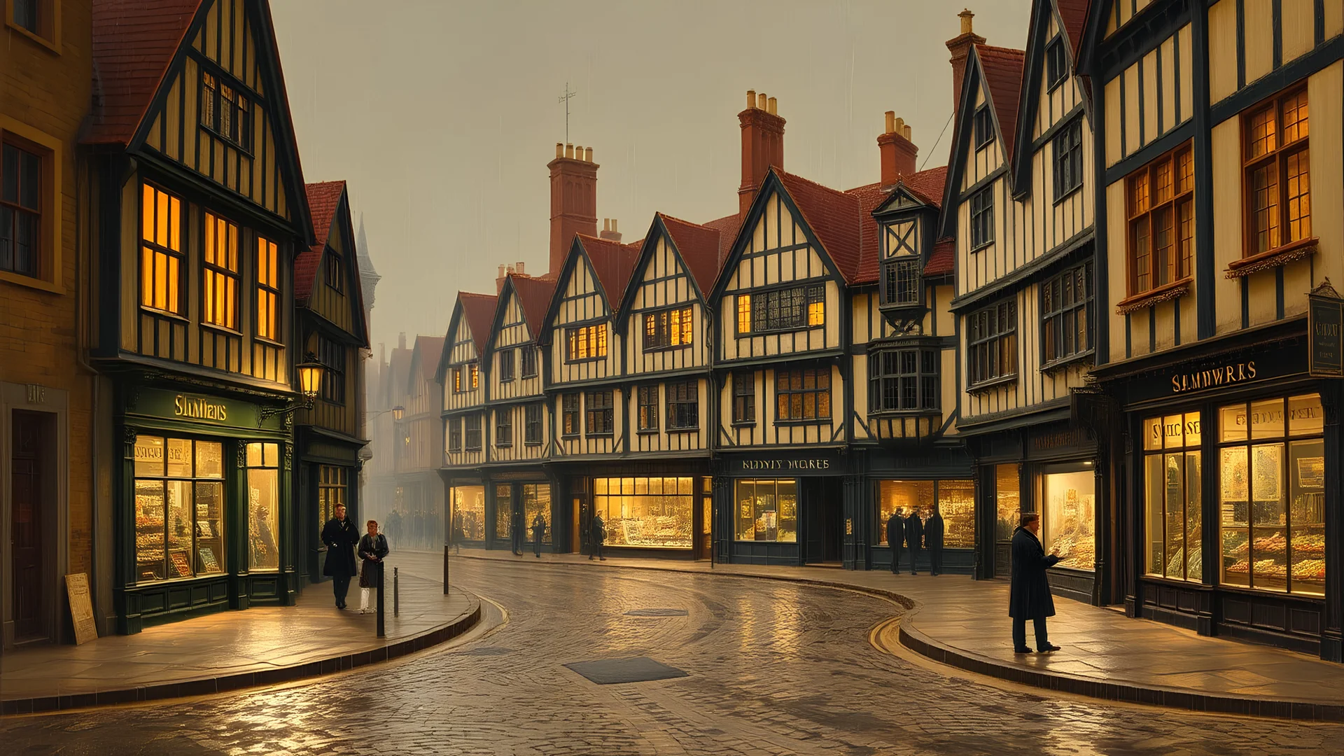 York street corner, Shambles, shops, cobbles, after rain, night, 1860, Tudor timber-framed buildings, style John Atkinson Grimshaw