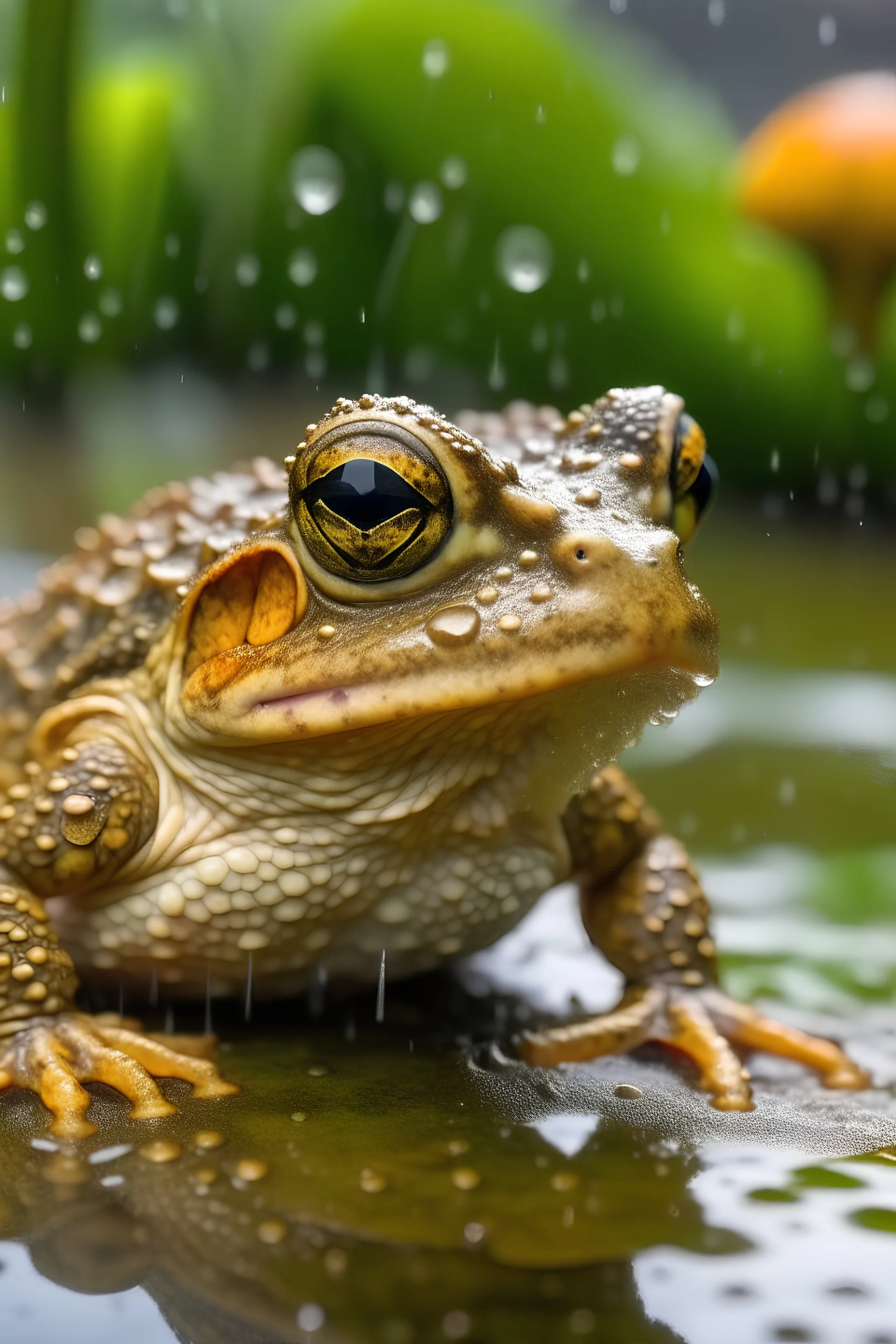 A toad getting wet on a rainy day