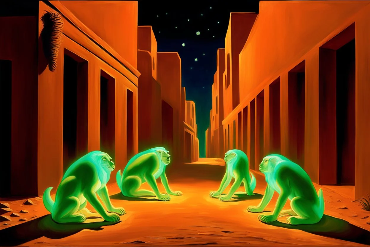 at night in an alley with noctilucent glass art sphinxes on both sides, torches, on a desert planet, perspective, centered, symmetry, vanishing point,by artist "William Merrit Chase",glass art