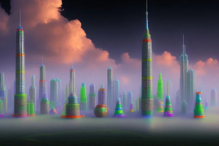 One mile tall plastic city Towers made out of stacked Rubik's Cubes, Orange, white, blue, green. Stormy sky