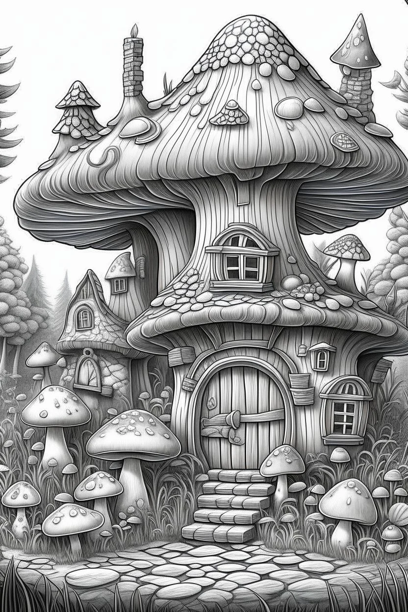 MANDELA STYLE .Mushroom houses Coloring Book for Adults and Kids, Instant Download, Grayscale Coloring Book