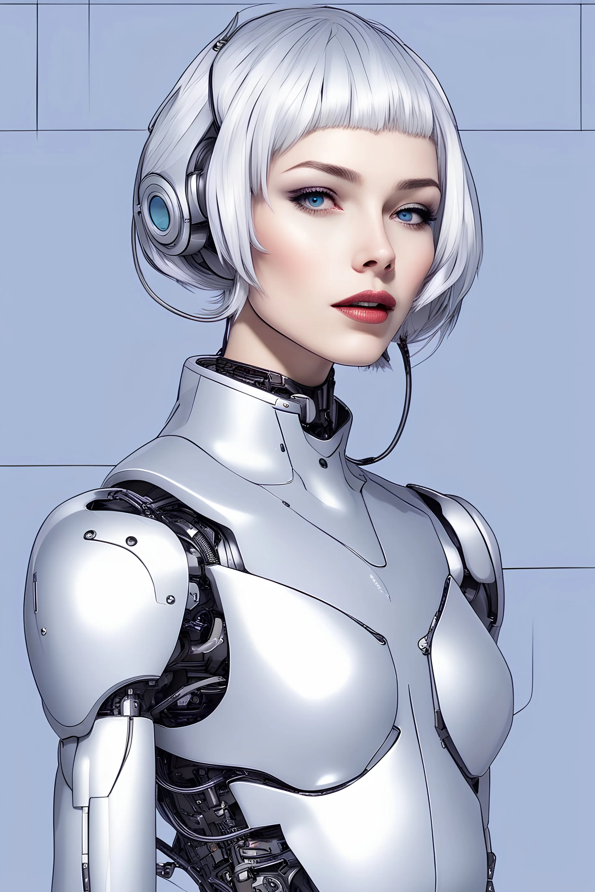 Pretty woman, total robotic body, good body, short blue electric haired, good shapes, artificial inteligence,