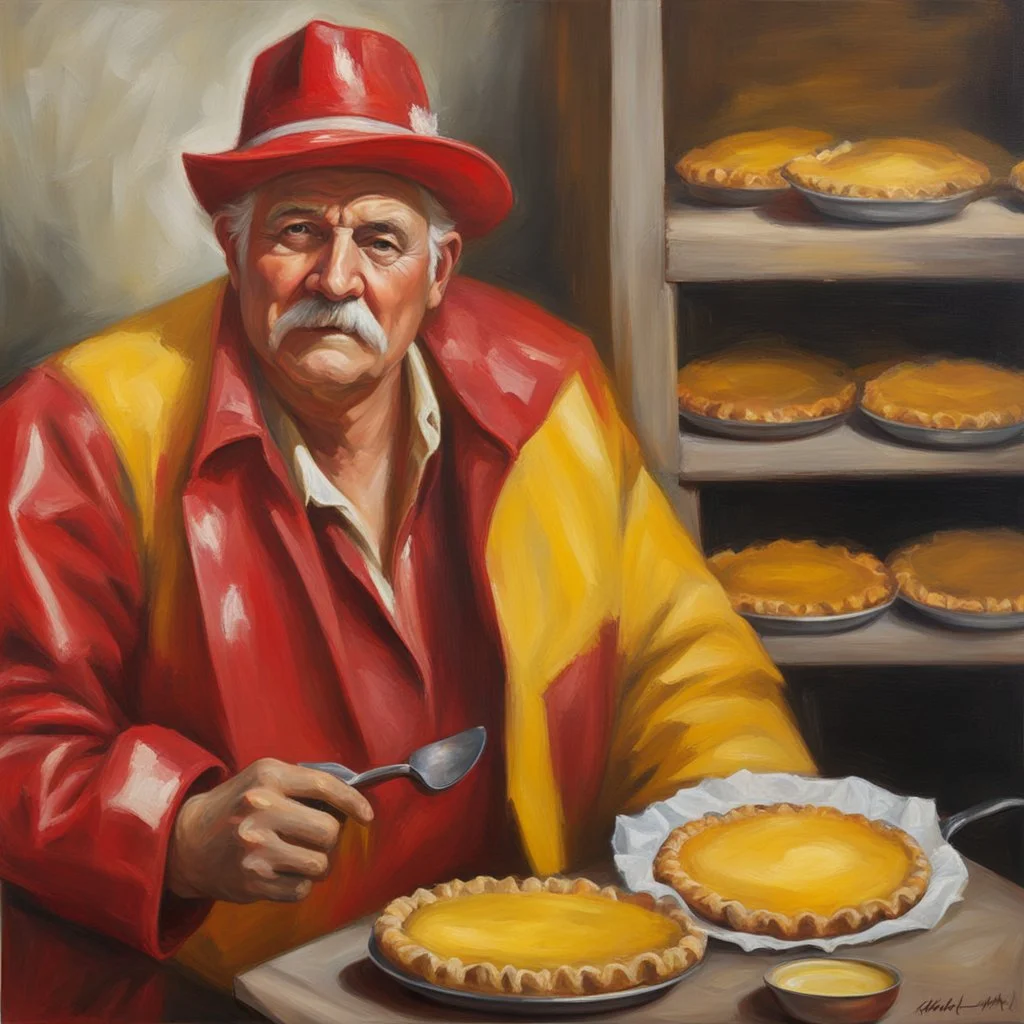 Hombre pastelero pintura al óleo, color rojo, blanco y amarillo, 8k