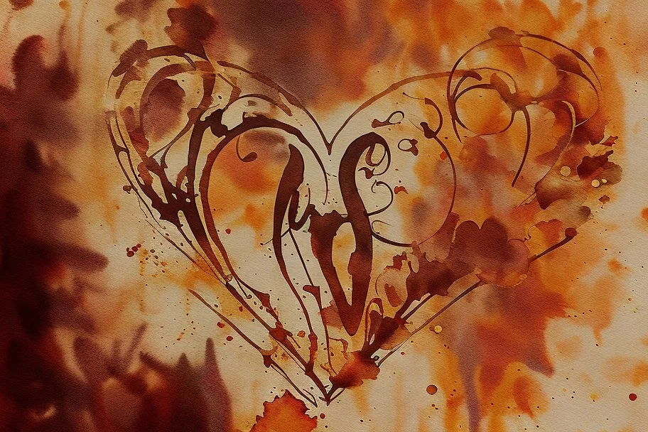 double exposure, merged layers, fireplace with dynamically blazing fire in coffee color, ink splatter art, watercolor and ink, golden glitters, double exposure heart and love