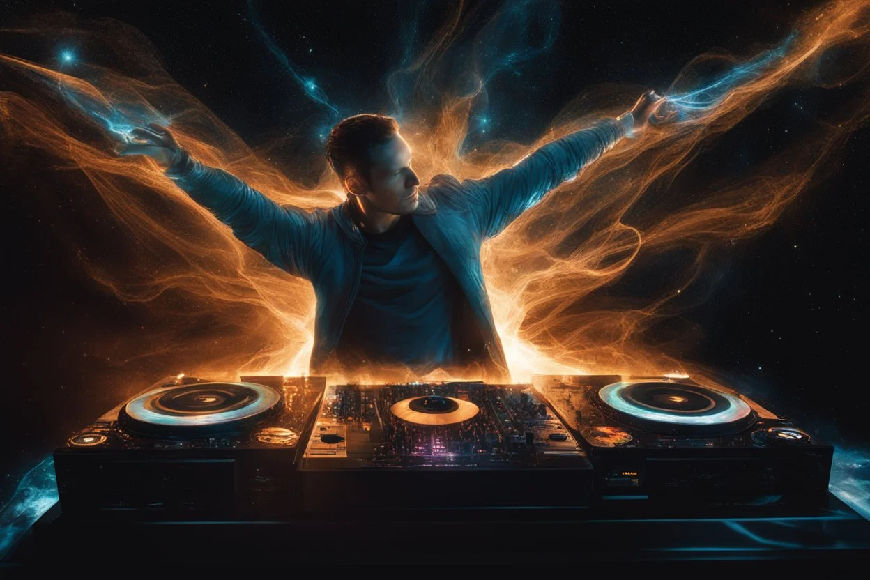 translucent dj Tiesto spins in a bioluminescent fire beneath galaxies, masterpiece by ralph harsley, best quality, close-up, ghost, dark, luminism,close-up, fantasy, core of light, magic, ghost light, 32k ,minimal,dystorpian,