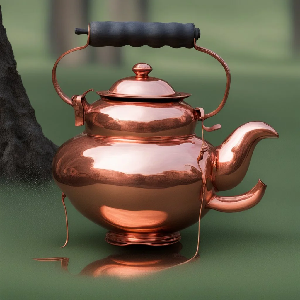 A copper teapot reflects the image of a laughing child