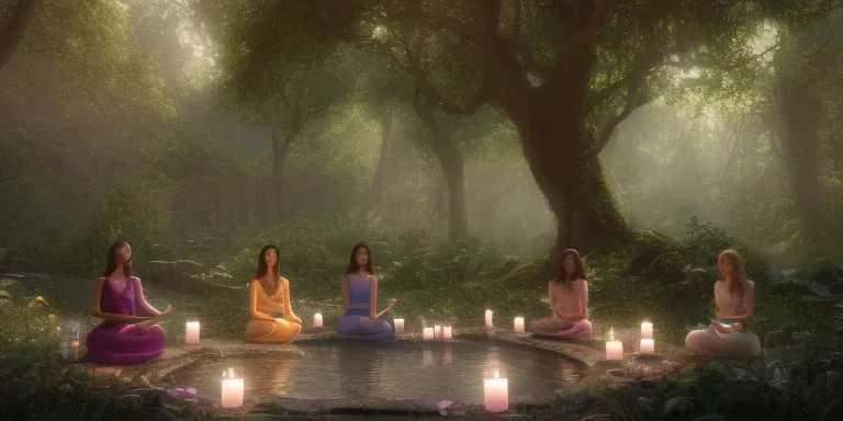 group of beautiful ladies in colour of the rainbow dresses meditating in an enchanted forest with a spring like chalice well at night, candles in the trees, crystals around, insense burning, super realistic, high detail