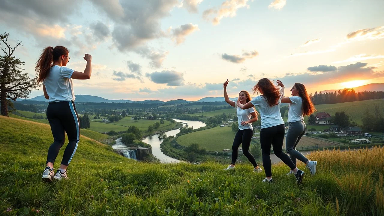 a group of young ladies in sports pants and blouse are dancing to camera in village over high grassy hills,a small fall and river and wild flowers at river sides, trees houses ,next to Ripe wheat ready for harvest farm,cloudy sun set sky