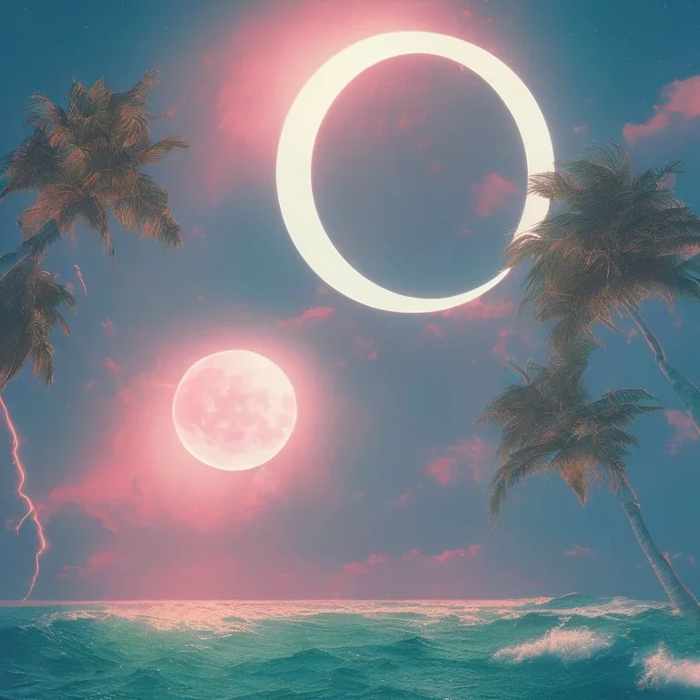 1980's vaporwave aesthetic palm trees with lightning with lunar eclipse moon crescent in the ocean waves sunset