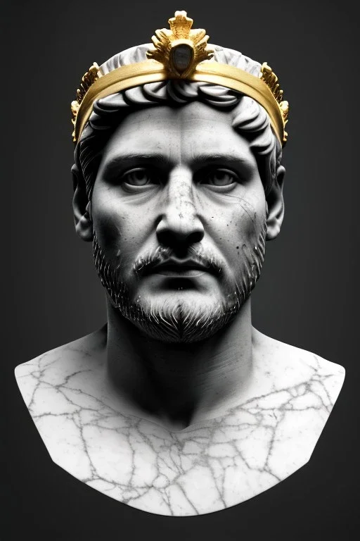 Ultra Realistic image, Roman sculpture, white marble material, young Maradona, gold crown of natural thorns, god crown, gold veins, gold ornaments, Renaissance style, sun rays background, waist up portrait, epic, celestial, cinematic lighting, God lights, 4k resolution, smooth details, soft lighting, unreal engine 5, art station, substance 3d.