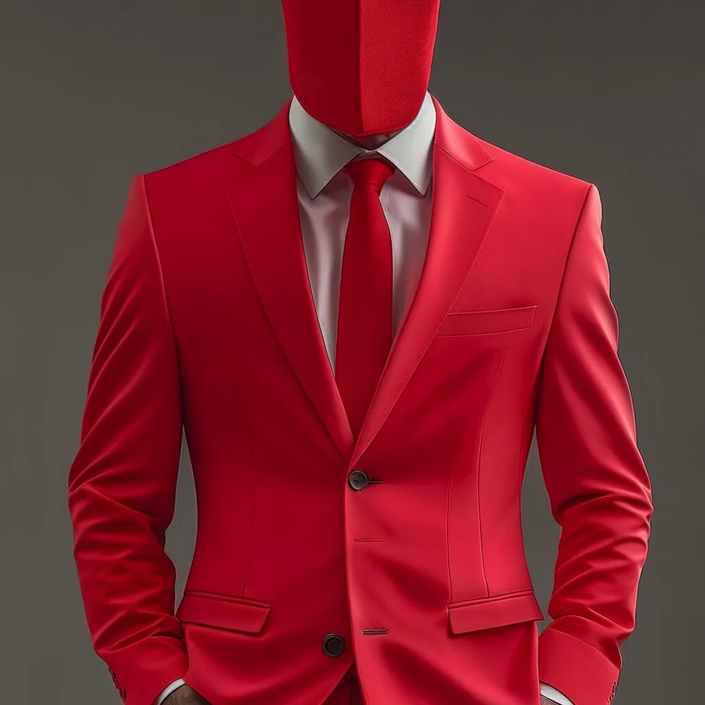 a man wearing a red suit with a red tie who is missing his face