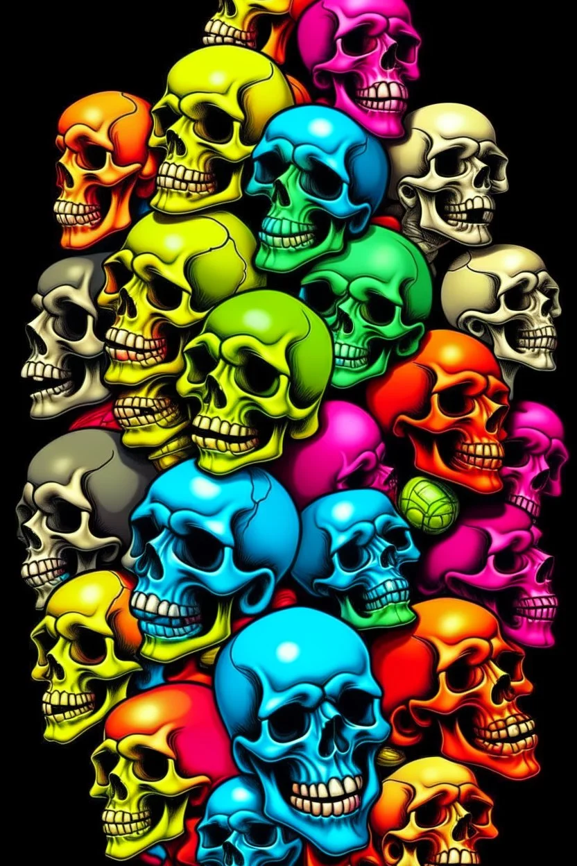 a stack of 1000 nearly anatomically correct cartoonish skulls, vivid colors, dark comedy, well lit, high detail,