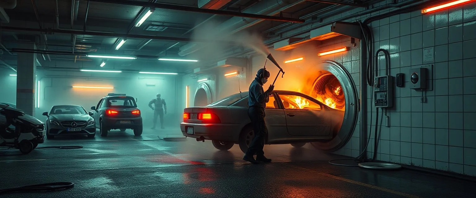 misty underground garage with parking robots and neon light, washer man with mask and hi pressure steam gadgets cleans cars and walls, walls are lined with neon lights, mechanic in weird suit washes walls and robots, a car that is burning inside is inside a washing machine, smoke and debris, warped and twisted camera angle, dark asphalt floor, low roof