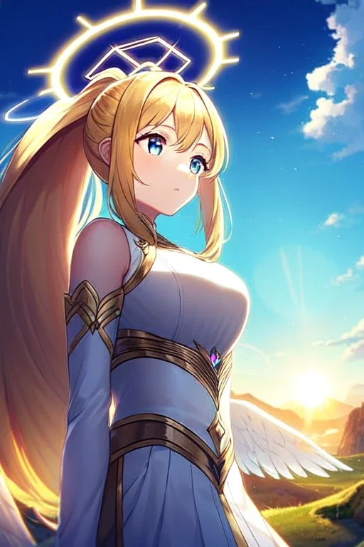 girl, masterpiece, best quality, cinematic lighting, detailed outfit, vibrant colors, perfect eyes, golden hair, long hair, ponytail, blue eyes, valkyrie, halo, white wings, landscape, sun, light rays, god rays, lens flare, looking down,