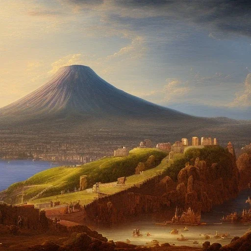 Naples landscape in front of a vulcano Vesuvius.1800 style