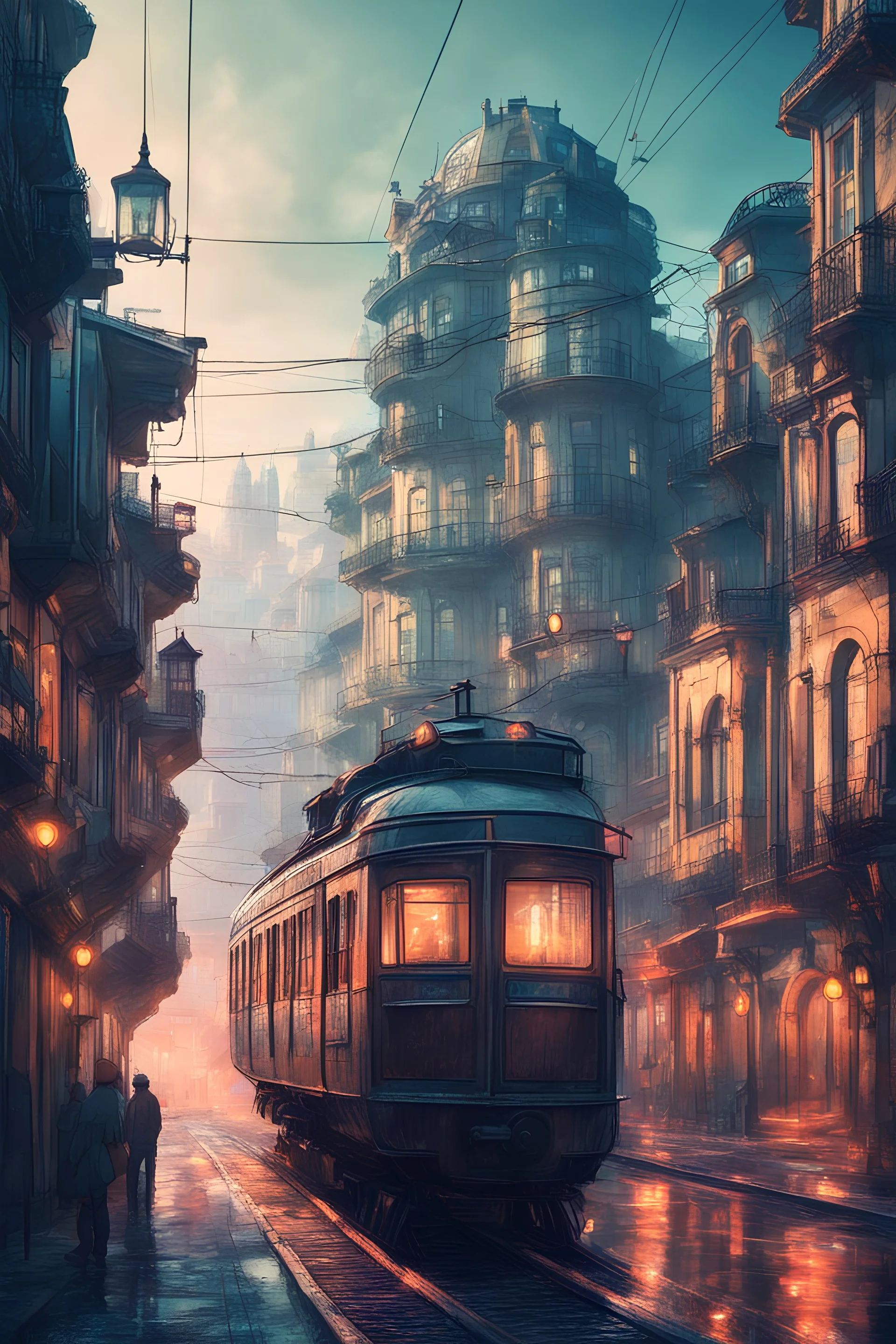 porto city view in fantasy cyberpunk style with famous tram
