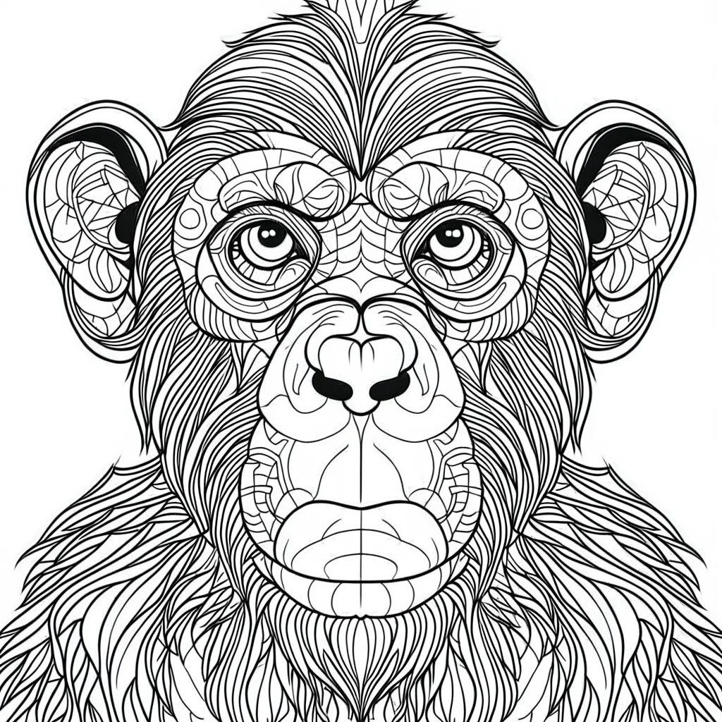 Chimpanzee, front view, mandala, minimal lines, cartoon, white back ground color, real style, realistic, minimalistic, minimal black line art, line art, crisp line art, unique coloring sheet, outlined, outline, crisp, crisp line edges, illustration, thin lines, crisp clear lines, line art, clean line art, unique, 8k, amazing, masterpiece, no colors, no dark color, no black color, avoid thick black, minimalistic line edges, pure white back ground, image character full fit to page,