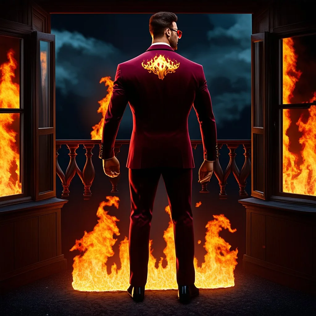 Hyper Realistic Photographic-Silhouette View of a handsome muscular Fire-Superhero wearing long-fancy-Maroon-tuxedo with-golden-flame-patterns on back of his tuxedo, fancy-red-sunglasses with fire-embers-around-him & standing on a vintage-crafted-balcony & open-fancy-burning-windows at dark night showing dramatic & cinematic ambiance.