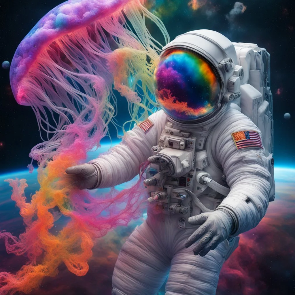 Astronaut holding a rainbow jellyfish in space, nebula in bakcground, Liquid Structure, Splash, professional, Photography, Intricate Patterns, Ultra Detailed, Luminous, Radiance, beautiful, Ultra Realism, Complex Details, Intricate Details, 16k, HDR, High Quality, Trending On Artstation, Sharp Focus, Studio Photo, Intricate Details, high contrast, bright vibrant colors