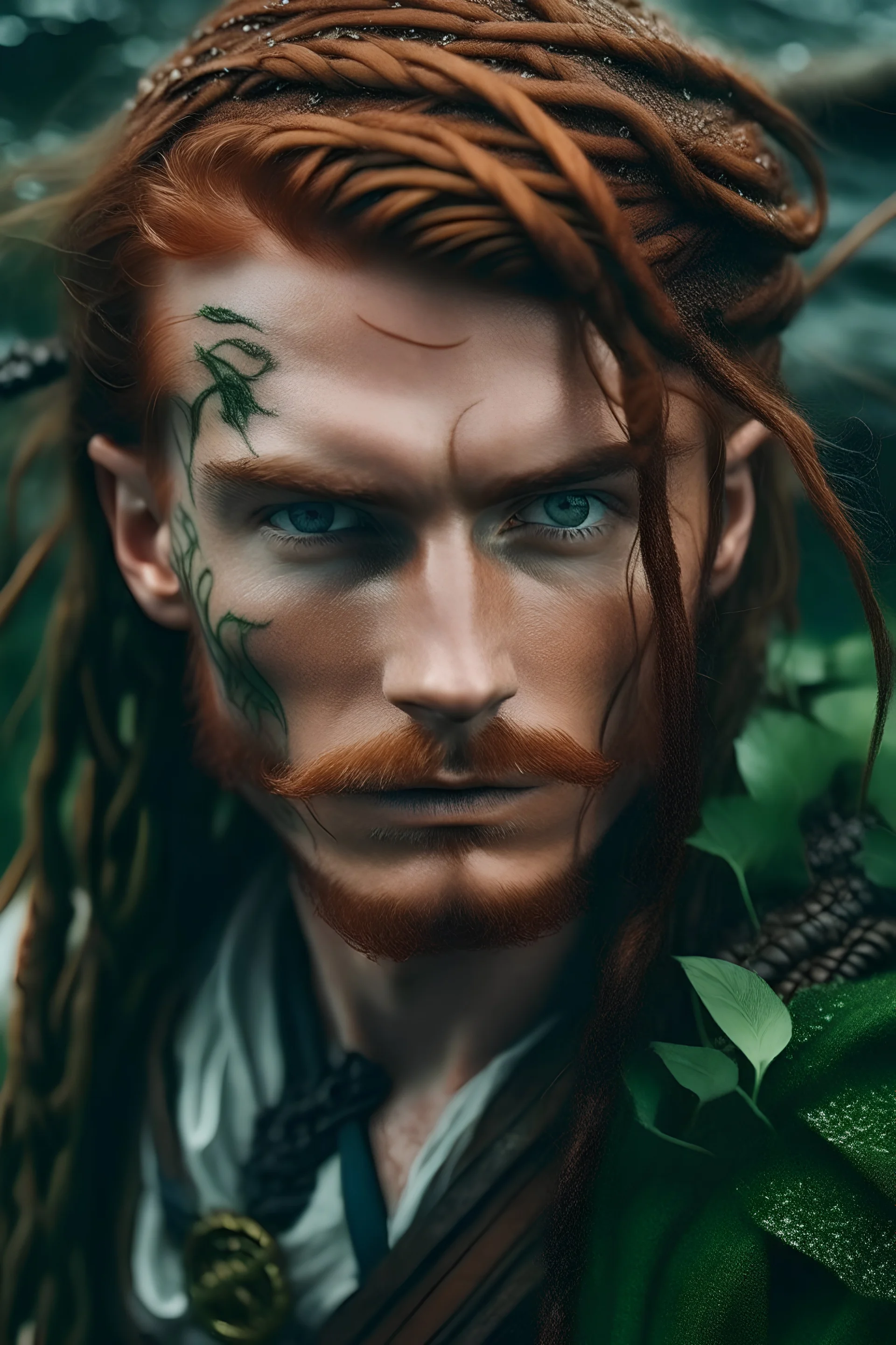 determined wet pirate nereid male with auburn hair and seaweed braid