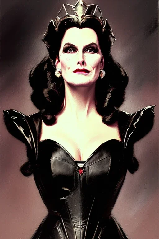 painting of merryl streep as evil queen in black leather gown, feminie, angry, stern look on her face, volouptous, busty, cleavage, emperious, mature, highly detailed, digital painting, artstation, concept art, smooth, sharp focus, illustration, art by gaston bussiere and alphonse mucha