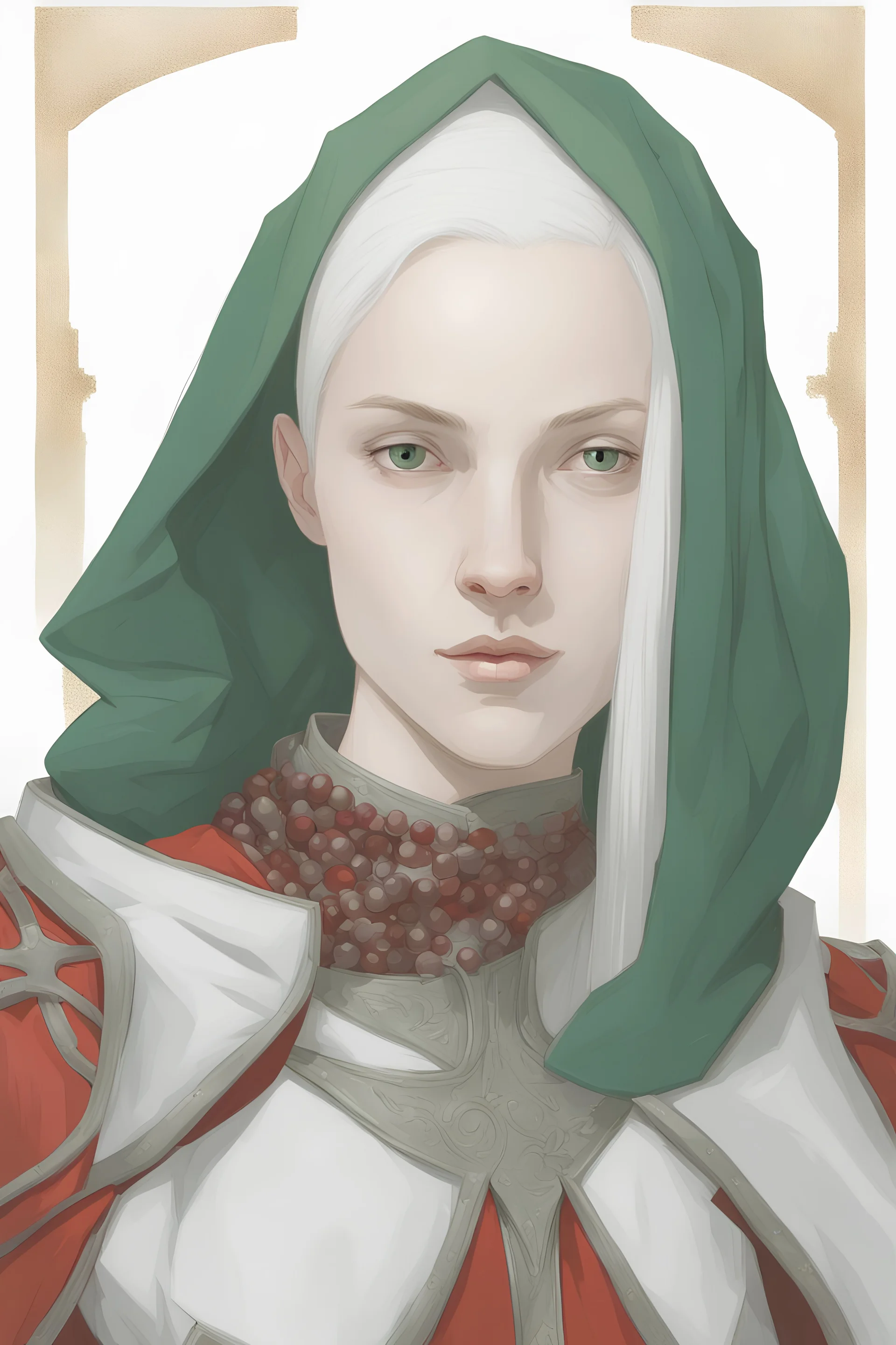 portrait colour drawing, fantasy setting, 26-year old slender female scholarly human cleric, shaved head, wearing scale mail (30% white, 70% dark green) and a red beaded necklace