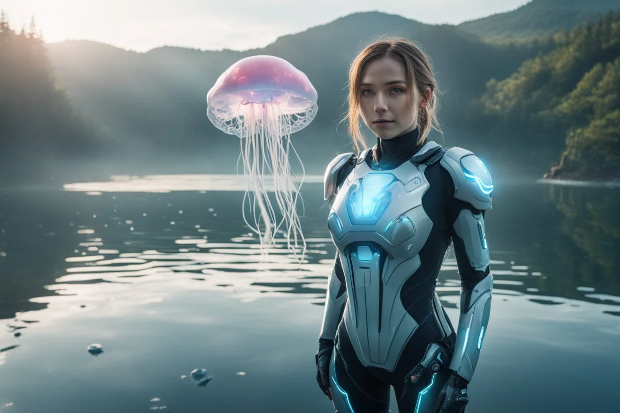 A young woman in an android suit, standing next to a lake, with jellyfish floating through the air.