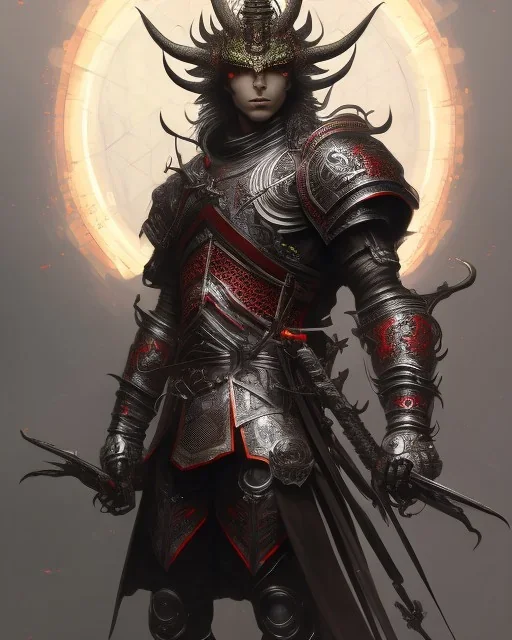 Detailed anime boy, dark brown hair, black and red dragon scale armour, intricate details, full body portrait, keep head in frame, slight smile, black Japanese motif, concept art, highly detailed, digital painting, concept art, sharp focus, illustration, art by Yoji Shinkawa, WLOP and greg rutkowski and alphonse mucha and artgerm and yanjun Chen and Junji ito and Makoto Shinkai, HDR, octane render