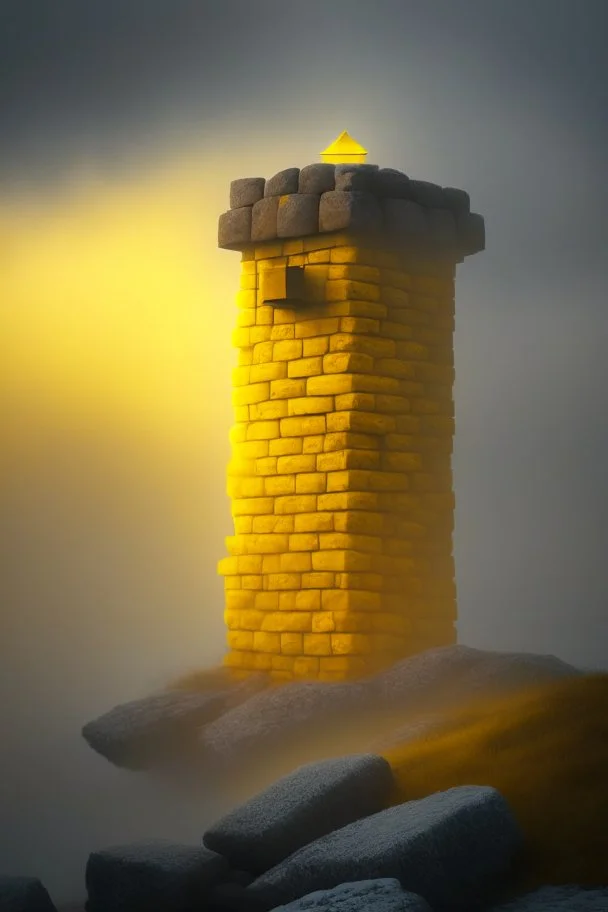 guard tower build of yellow stones misty trending, depth of field, backlit