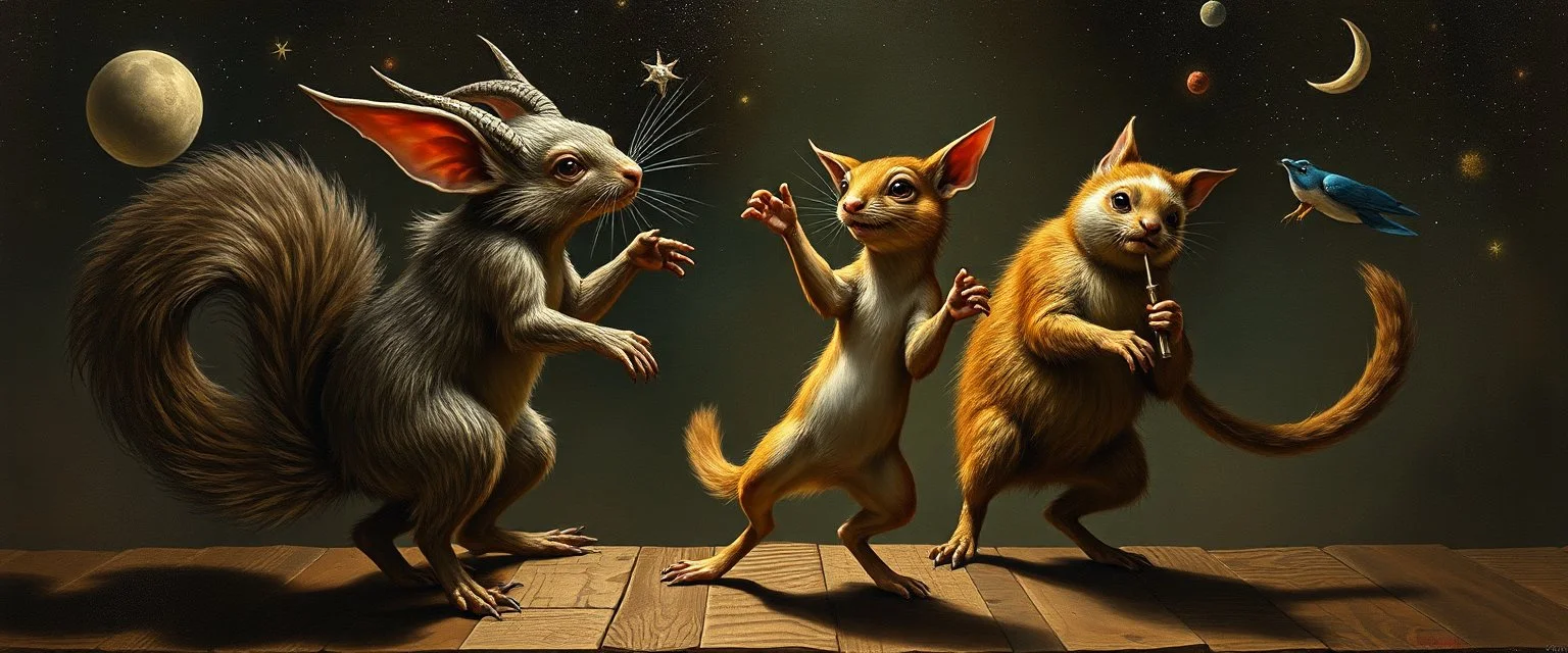 squirrel gremlin dog bison badger star ship bridge captain dancing in the style of Rembrandt and Escher