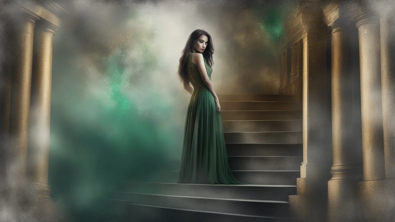 old canvas, layered, mixed media, embossed, double exposure, light watercolor, glitter, medium ground, depth of field, brightness, highlights, light effects, gothic woman portrait, gold shards, staircase, ancient castle, gray green fragments, fuzziness, layered, blending, textured, 3D, 8K, best quality, fine rendering, precise rendering, high detail, hyperrealism, high resolution, high definition, multilayered, pinpoint sharpness, hyperfocus, vignette, textured painting