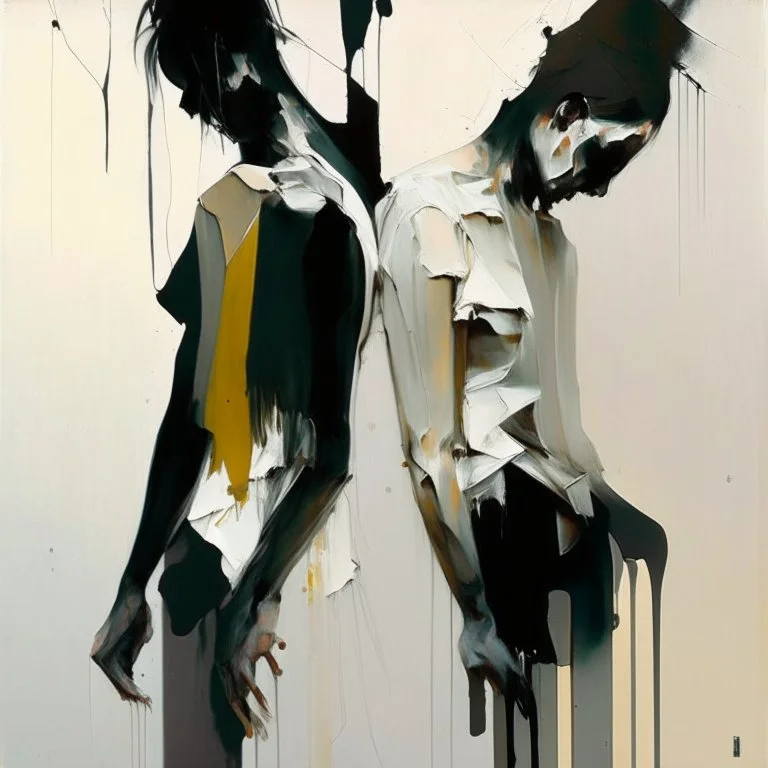 Minimal contemporary abstract flat figurative painting.. Twisted fragments of bodies. Drips of paint. style of Justin Mortimer and Adrian Ghenie. monotone colour