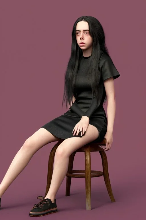 Billie Eilish, sitting on a chair, Black Short Dress, high detail