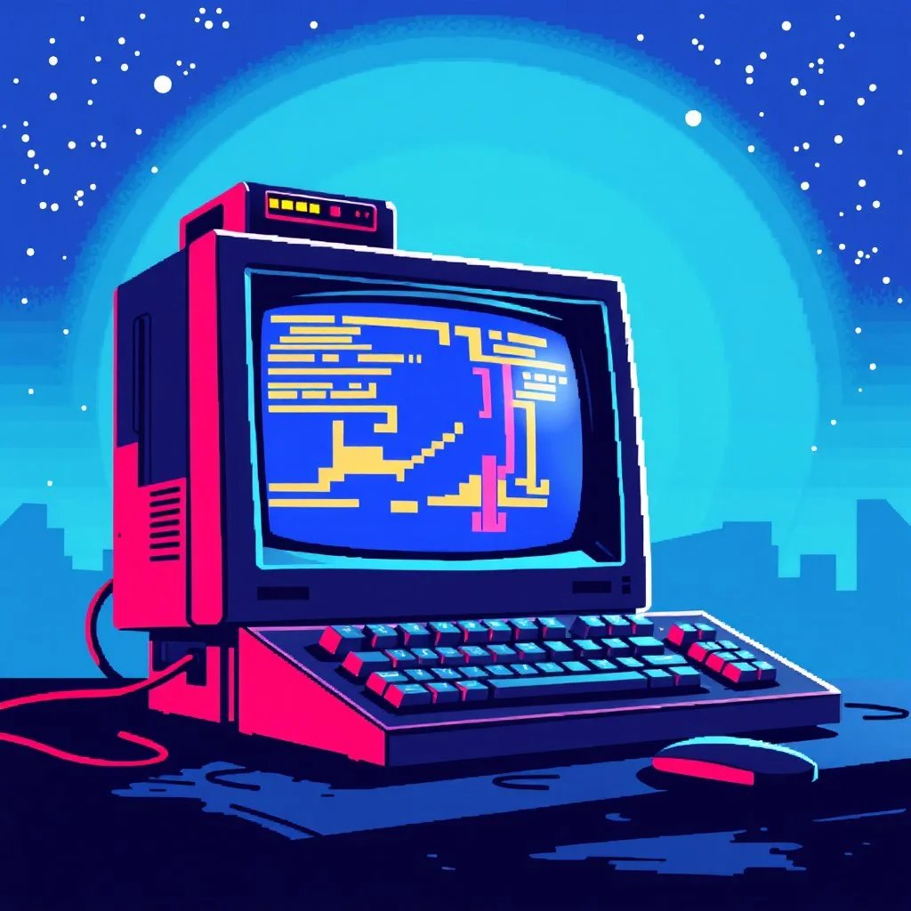 8 bit pixelart of retro pc-98, synthwave