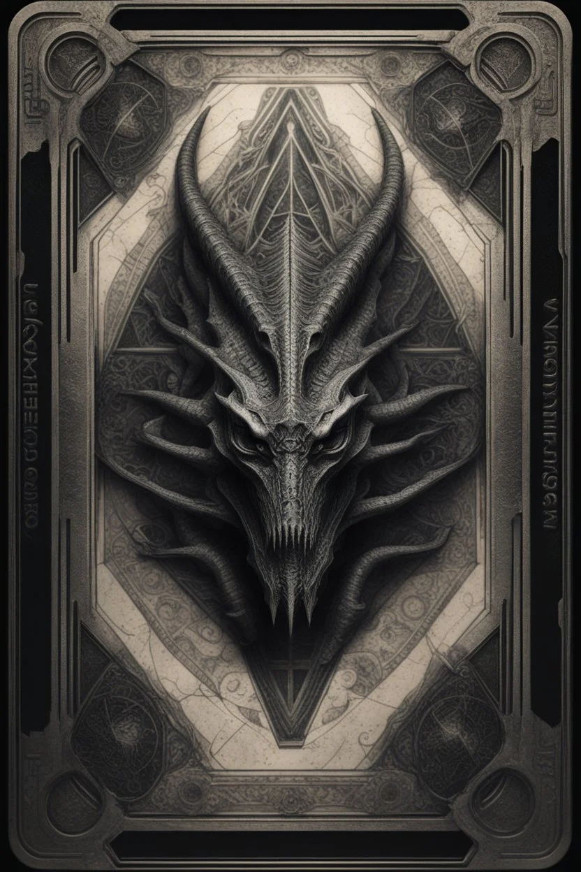 sacred geometry framed playing card, black death dragon boss card in the style of Giger and fallout 4 ,,bokeh like f/0.8, tilt-shift lens 8k, high detail, smooth render, down-light, unreal engine