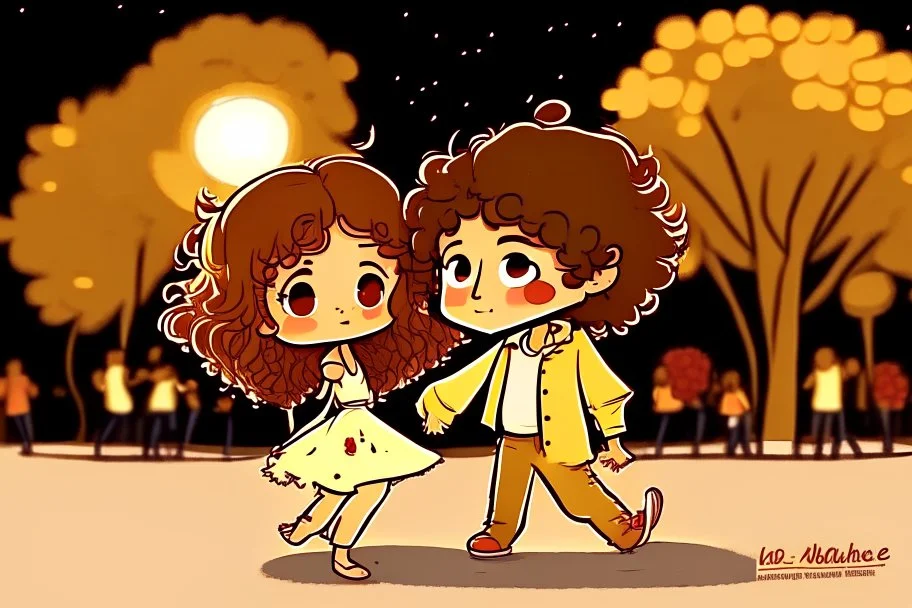 a cute chibi spanish man with short curly brown hair cropped at the back in yellow T-shirt and jeans with a cute chibi contented girl with long brown hair and brown eyes in a red elegant jumpsuit and red high heels, and a chibi girl with blonde brown hair in a beige dress dancing dynamically in Madrid in the Retino park, in the moonlight, ethereal, cinematic postprocessing, airplane in the sky