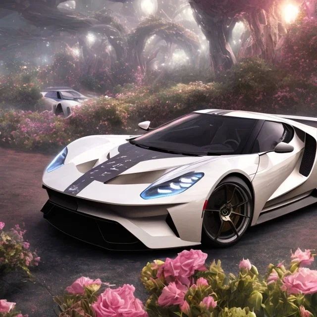 voiture blanche, fleur, chrome, synthwave, concept art, couleur vibrante, FORD GT