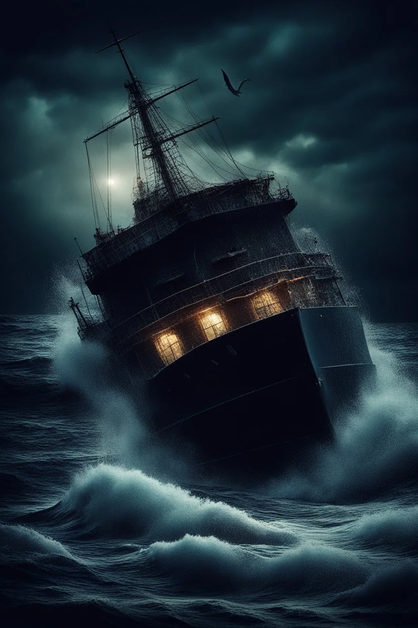 A ship sinking with high waves a and stormy weather Scary siren in the dark ocean, night