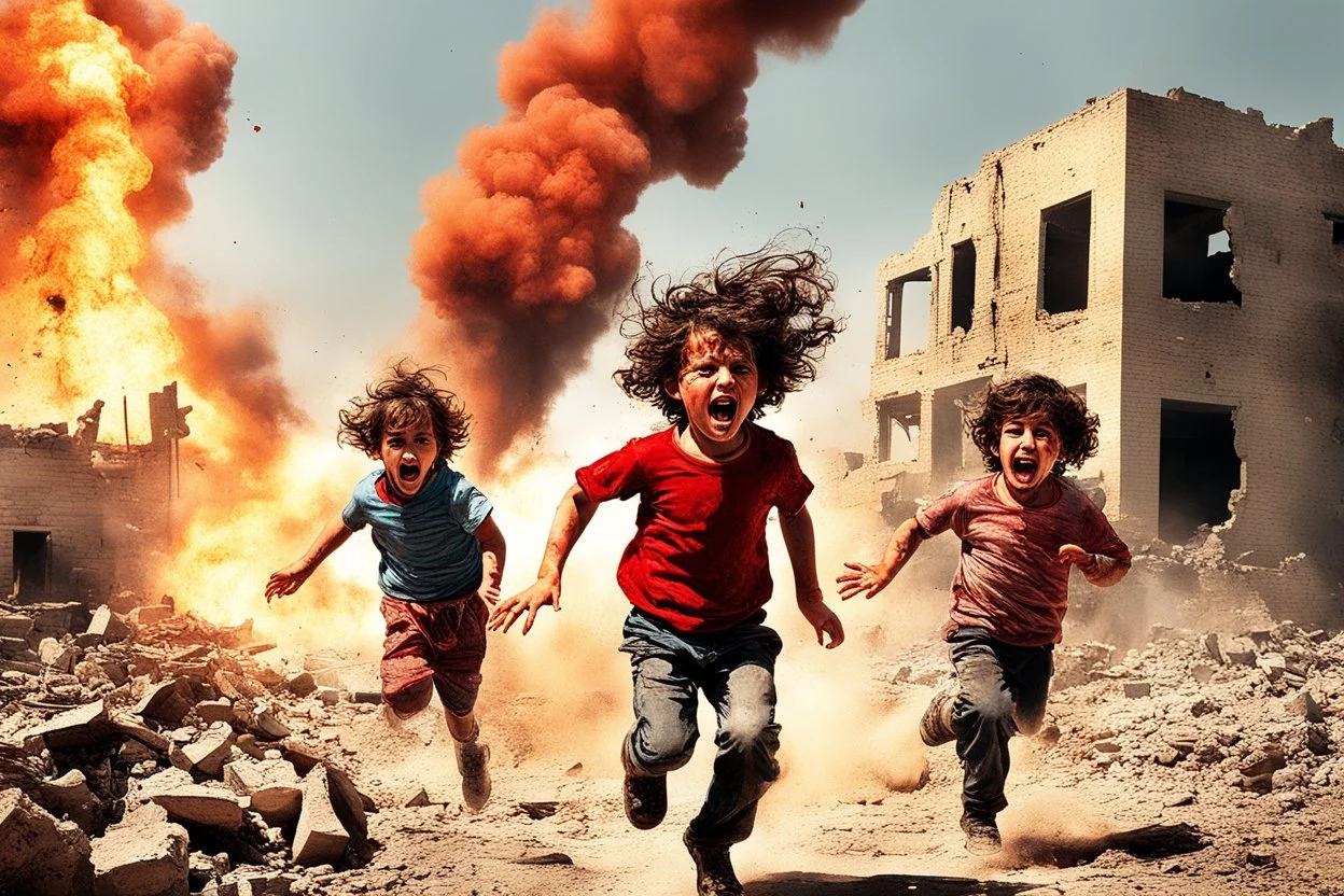 bloody children with without arms running from bombs in a ruined city in Palestina, smoke and fire and explosions